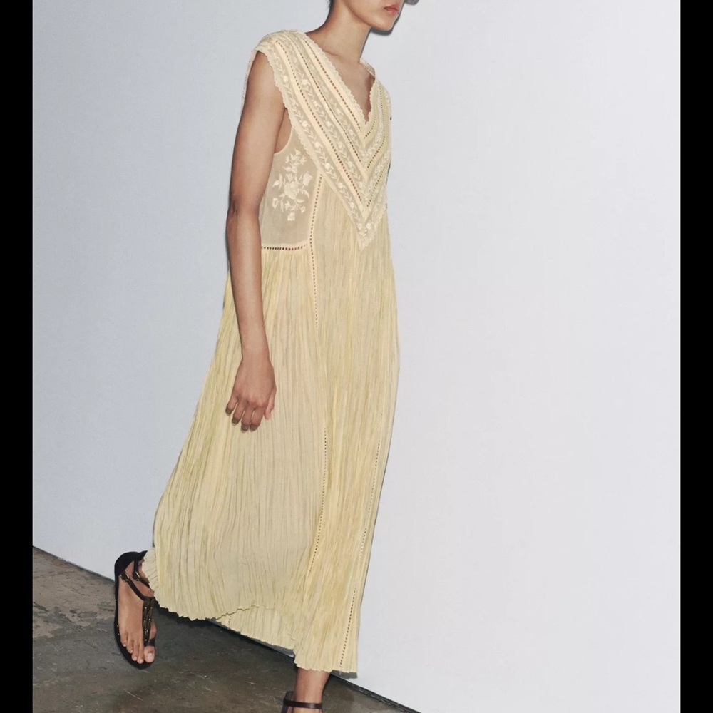 ISO Zara Yellow Pleated Maxi Sundress